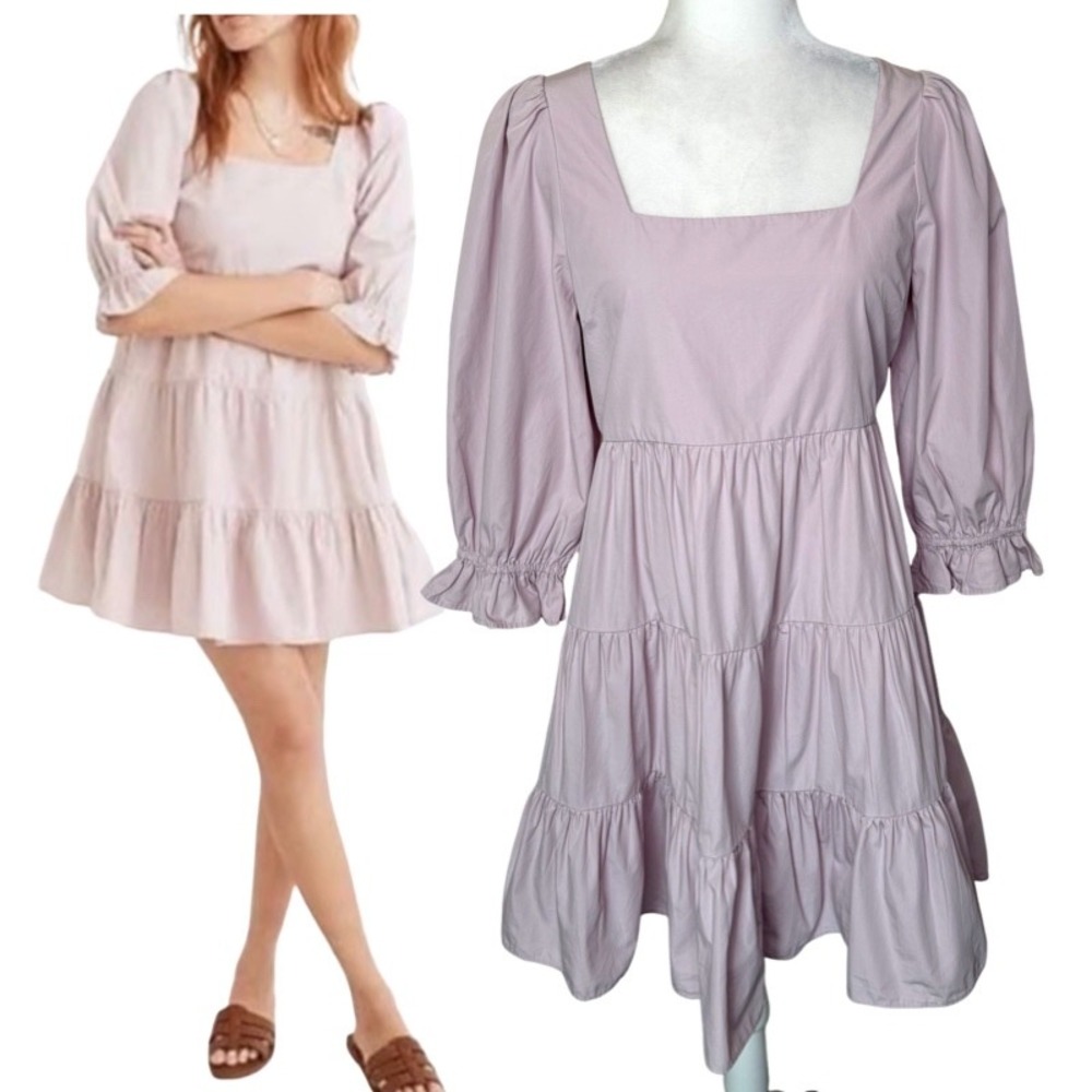 Madewell Lizzie Babydoll Mini Dress 6 Lilac Purple Poplin Tiered Puff Sleeve